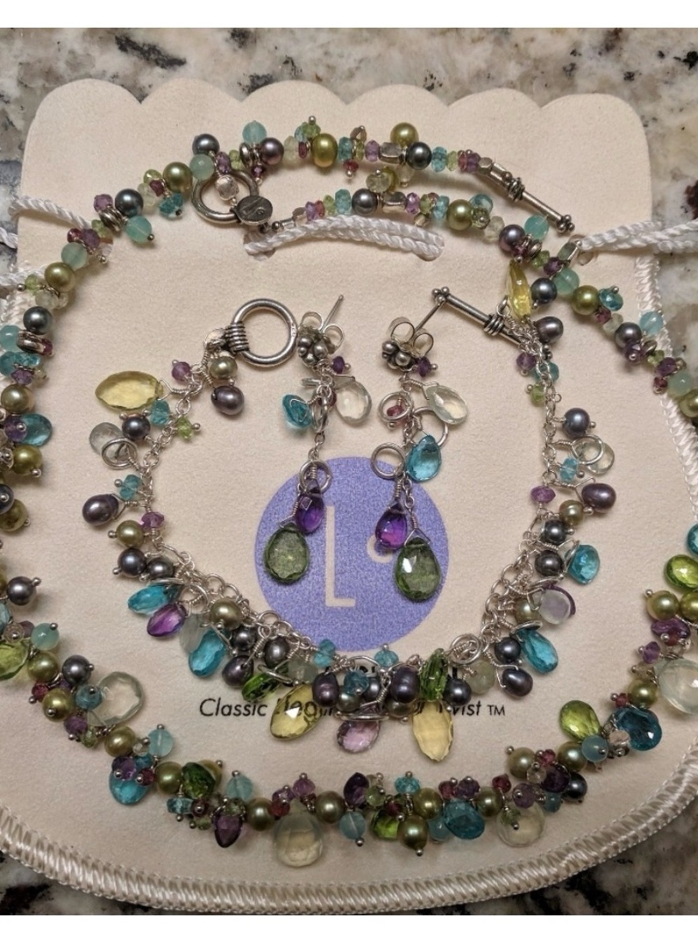 Pastel Multi Gemstone & Pearl Drop Necklace and Earring Set